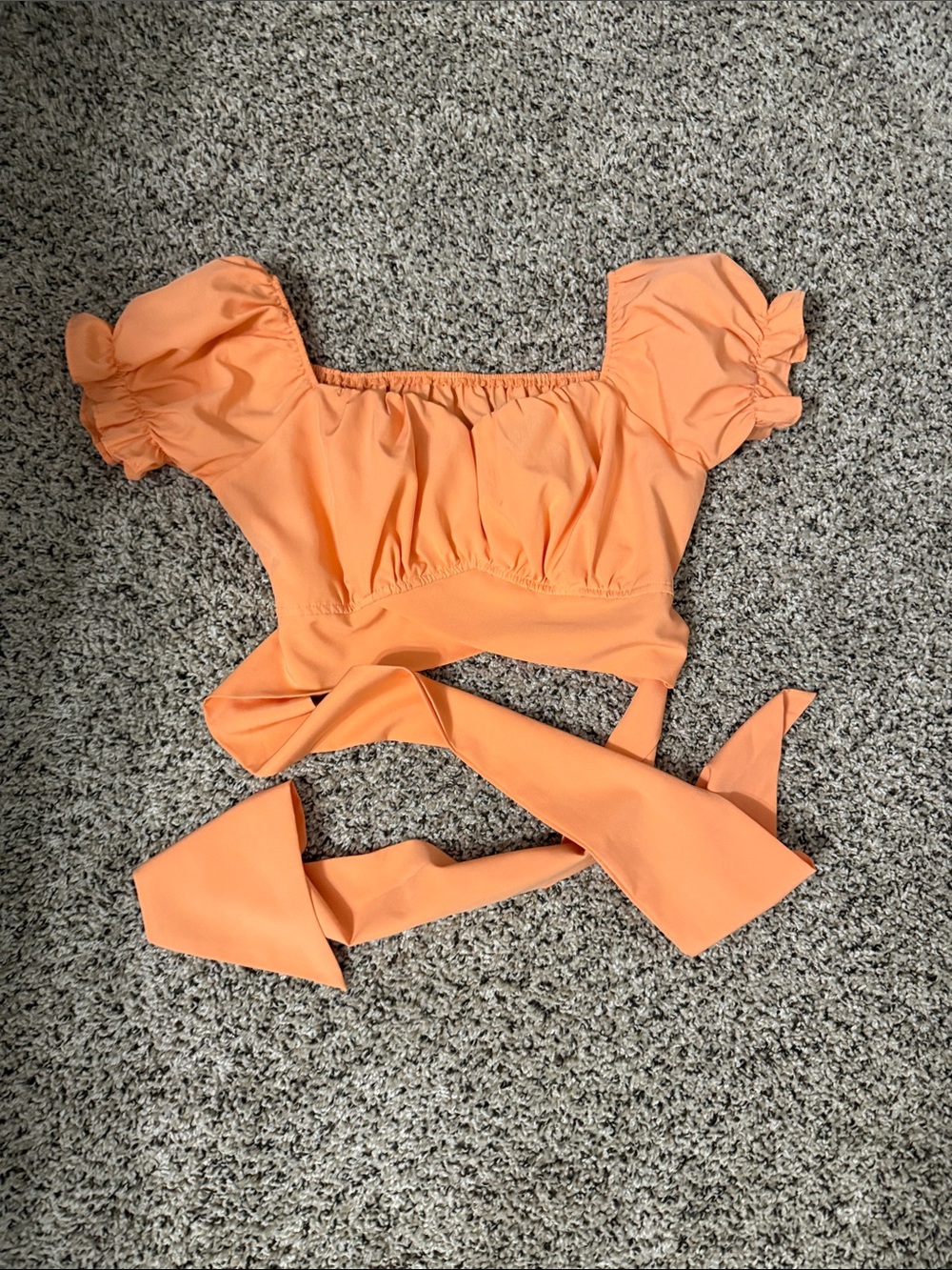 Tie-Back Peach Orange Puff-Sleeve Crop Top